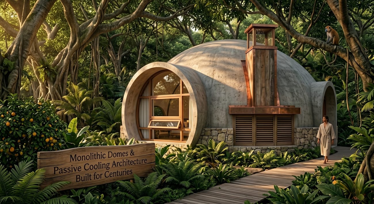 A monolithic dome with passive-cooling chimney in the forest