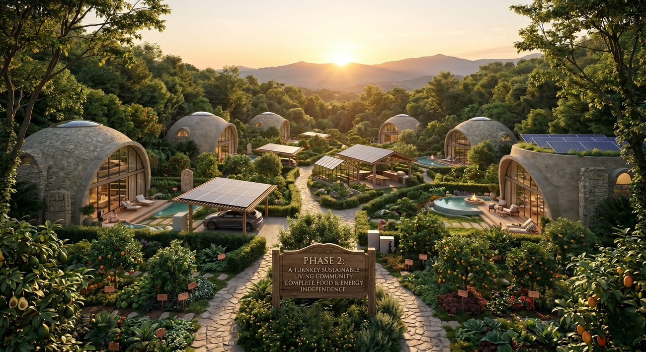 A sustainable dome living community at sunset